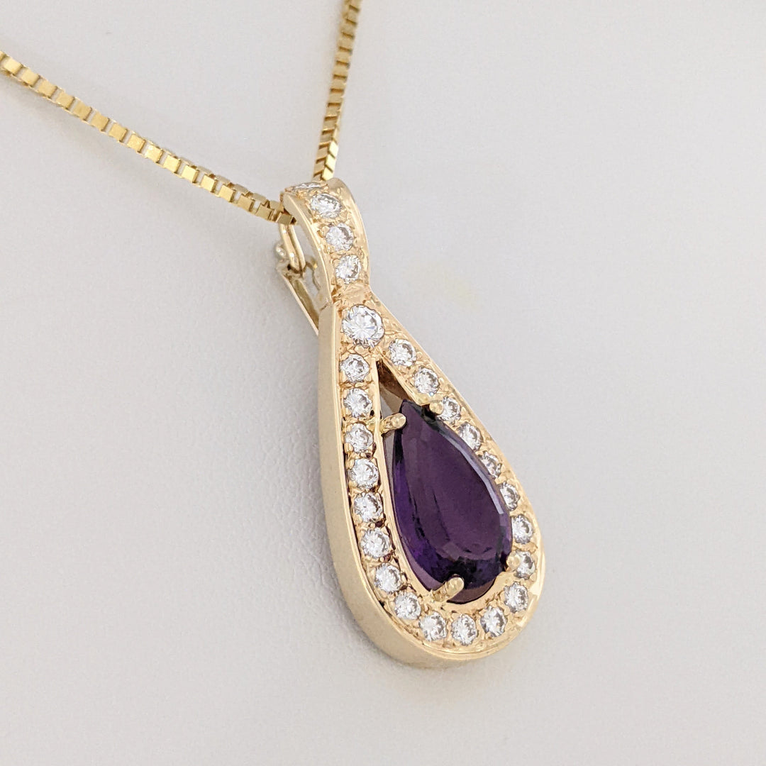 14K AMETHYST PEAR 8X13 WITH .75 DIAMOND TOTAL WEIGHT (25) ROUND ESTATE PENDANT &amp; CHAIN 9.0 GRAMS