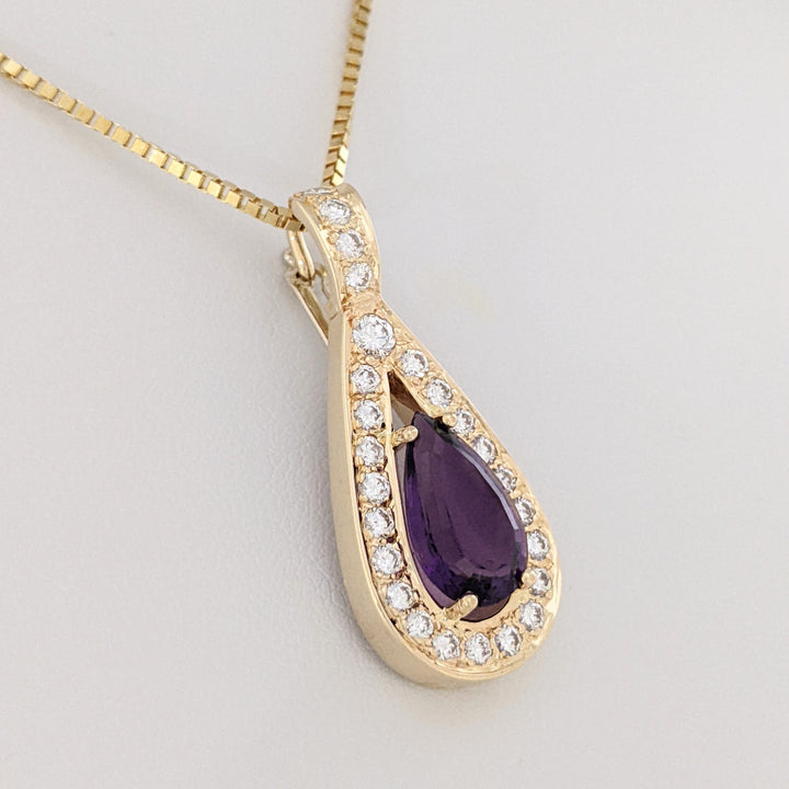 14K AMETHYST PEAR 8X13 WITH .75 DIAMOND TOTAL WEIGHT (25) ROUND ESTATE PENDANT &amp; CHAIN 9.0 GRAMS