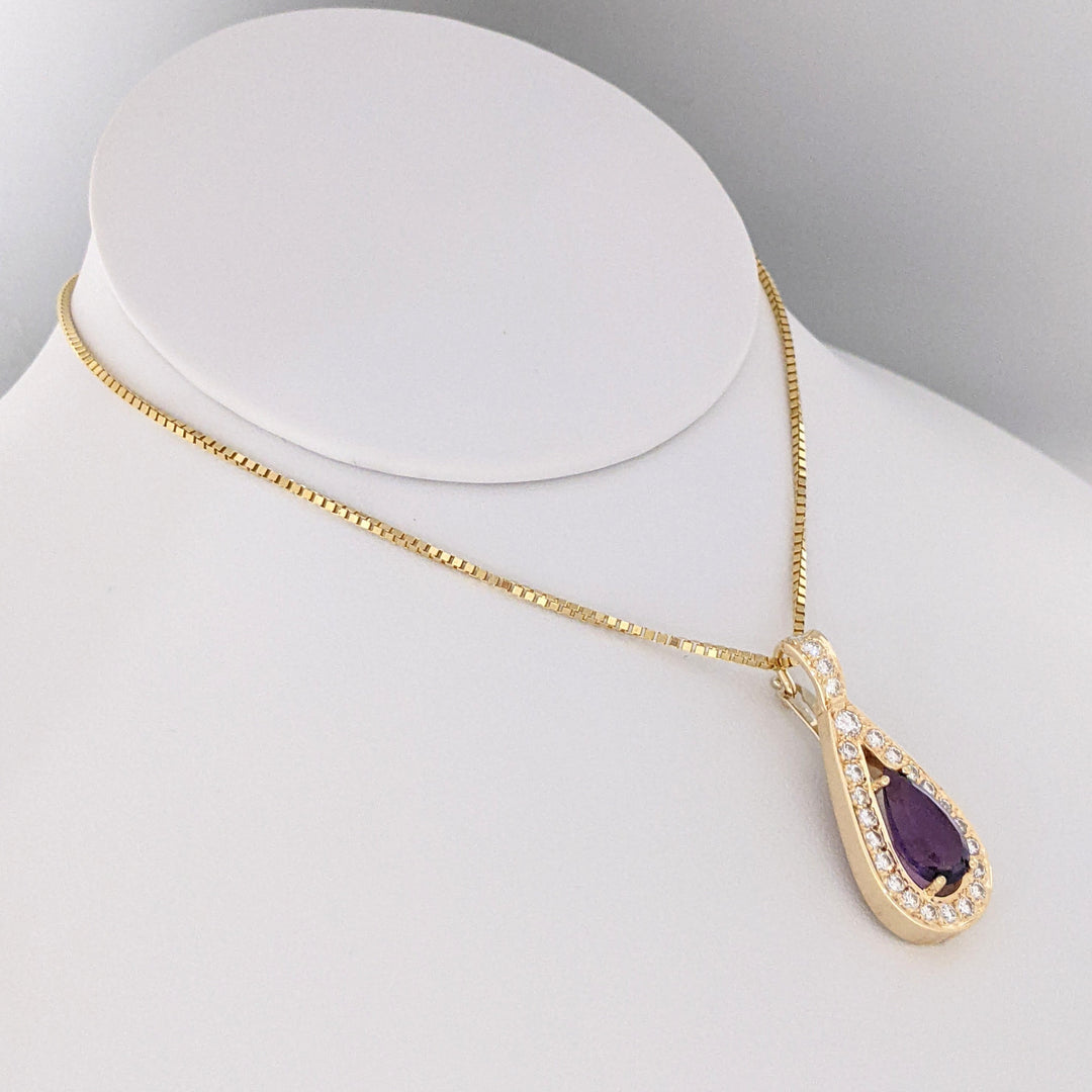 14K AMETHYST PEAR 8X13 WITH .75 DIAMOND TOTAL WEIGHT (25) ROUND ESTATE PENDANT &amp; CHAIN 9.0 GRAMS