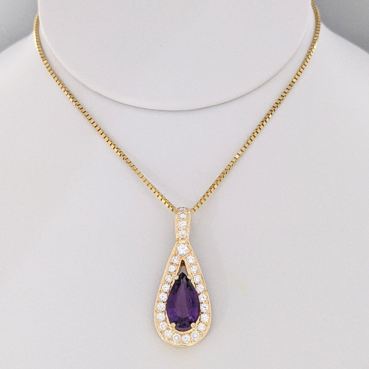 14K AMETHYST PEAR 8X13 WITH .75 DIAMOND TOTAL WEIGHT (25) ROUND ESTATE PENDANT &amp; CHAIN 9.0 GRAMS