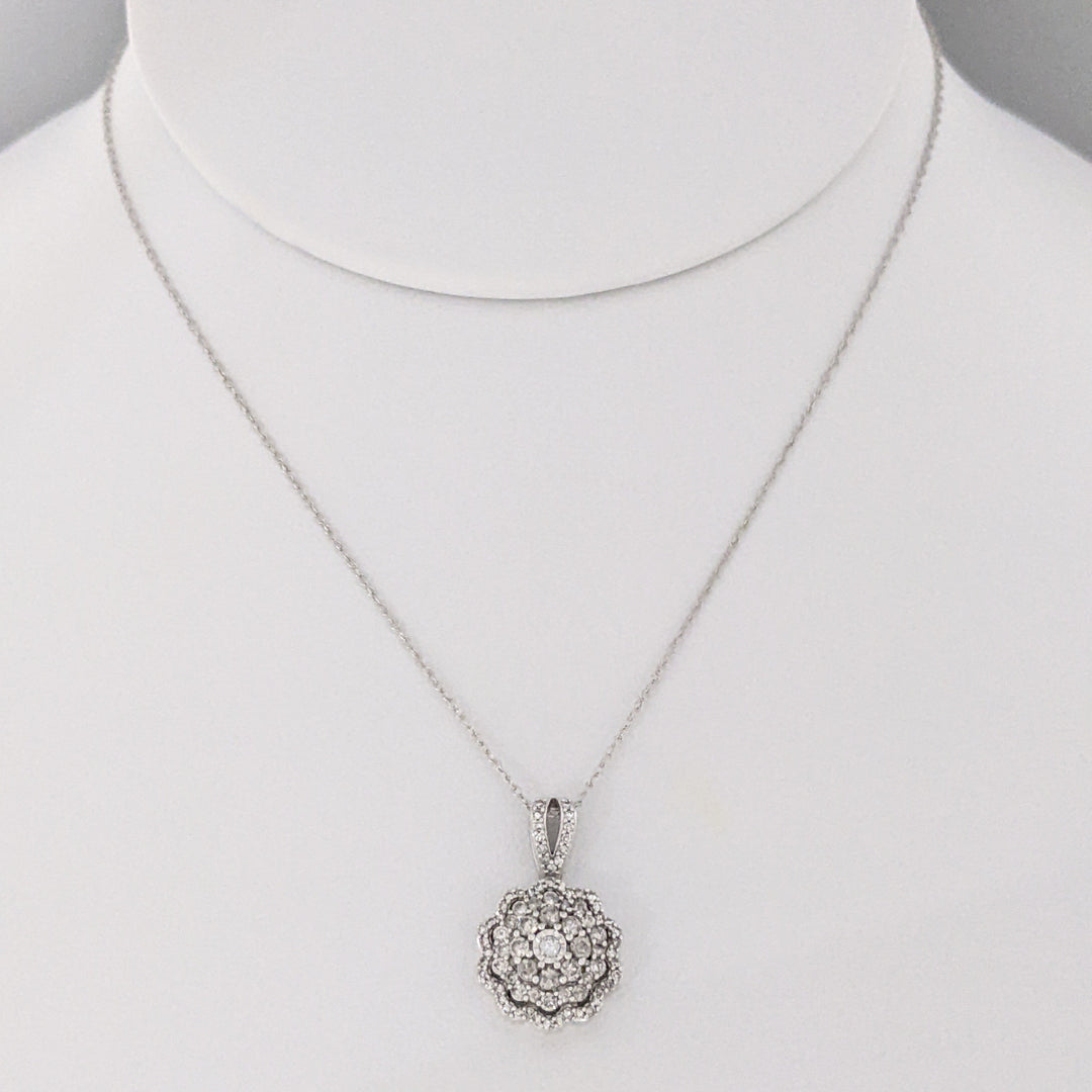 10K WHITE .64 CARAT TOTAL WEIGHT I1 J DIAMOND ROUND (82) ESTATE CLUSTER PENDANT &amp; CHAIN 2.8 GRAMS