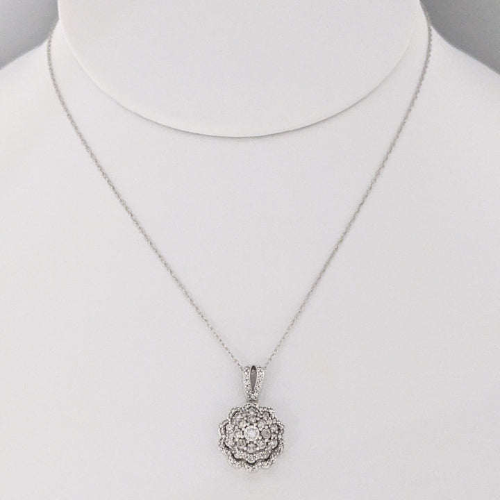 10K WHITE .64 CARAT TOTAL WEIGHT I1 J DIAMOND ROUND (82) ESTATE CLUSTER PENDANT &amp; CHAIN 2.8 GRAMS