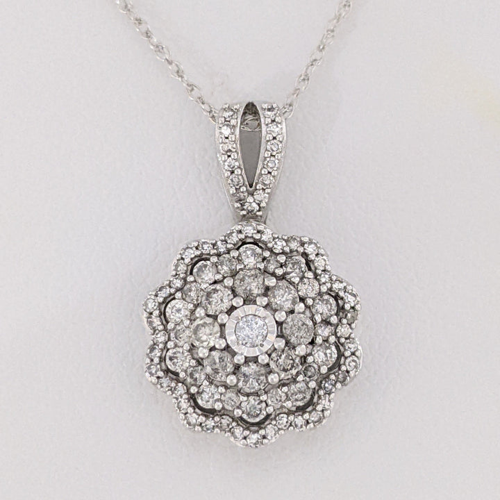 10K WHITE .64 CARAT TOTAL WEIGHT I1 J DIAMOND ROUND (82) ESTATE CLUSTER PENDANT &amp; CHAIN 2.8 GRAMS