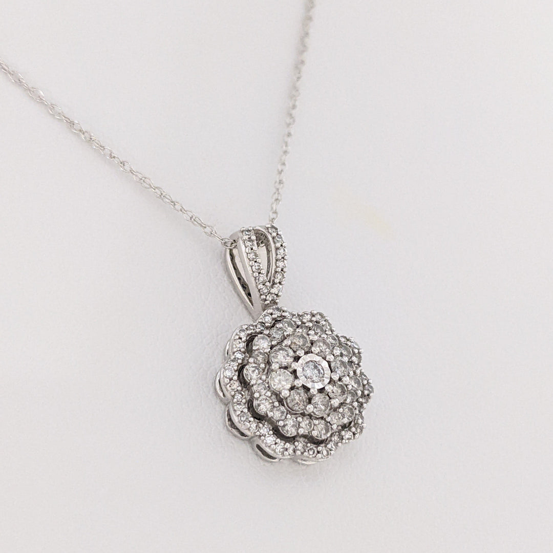 10K WHITE .64 CARAT TOTAL WEIGHT I1 J DIAMOND ROUND (82) ESTATE CLUSTER PENDANT &amp; CHAIN 2.8 GRAMS