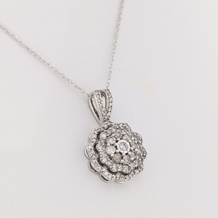 10K WHITE .64 CARAT TOTAL WEIGHT I1 J DIAMOND ROUND (82) ESTATE CLUSTER PENDANT &amp; CHAIN 2.8 GRAMS