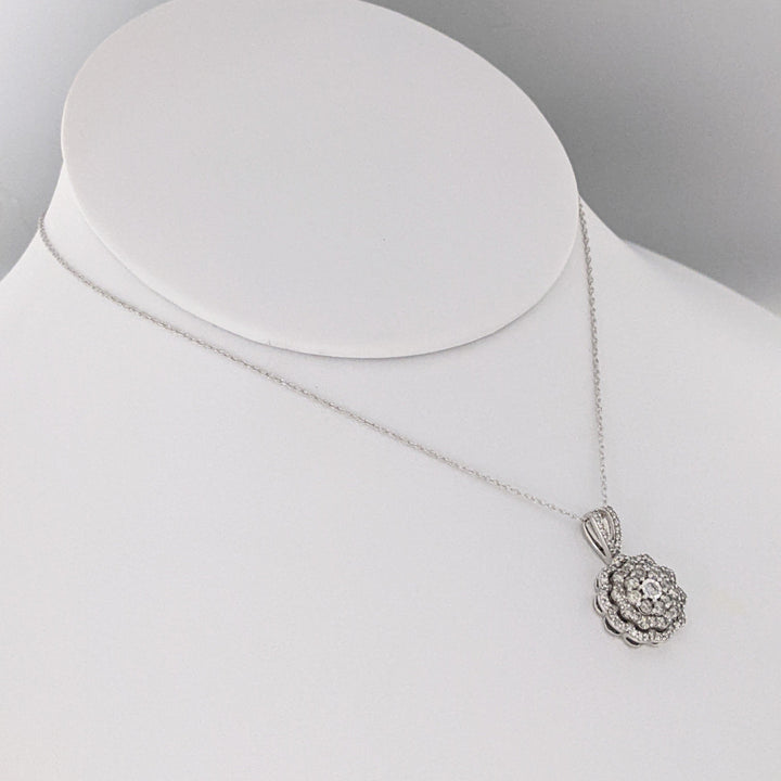 10K WHITE .64 CARAT TOTAL WEIGHT I1 J DIAMOND ROUND (82) ESTATE CLUSTER PENDANT &amp; CHAIN 2.8 GRAMS