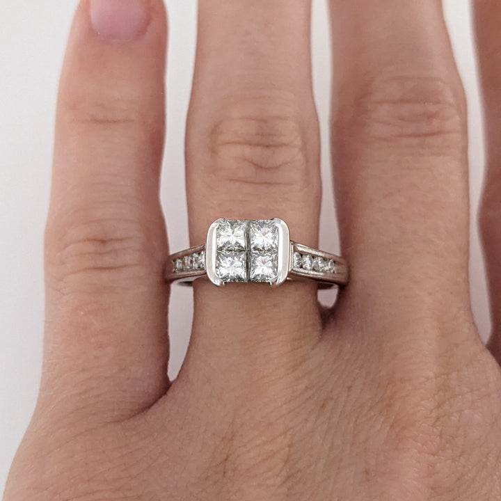 14K WHITE 1.04 CARAT TOTAL WEIGHT SI1 J DIAMOND PRINCESS CUT (4) WITH (8) ROUND ESTATE RING 4.4 GRAMS