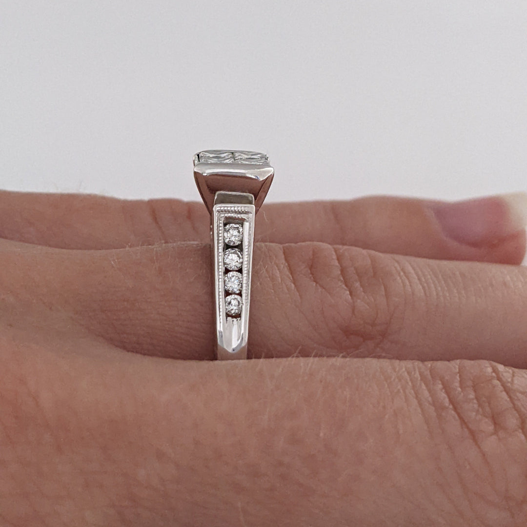 14K WHITE 1.04 CARAT TOTAL WEIGHT SI1 J DIAMOND PRINCESS CUT (4) WITH (8) ROUND ESTATE RING 4.4 GRAMS