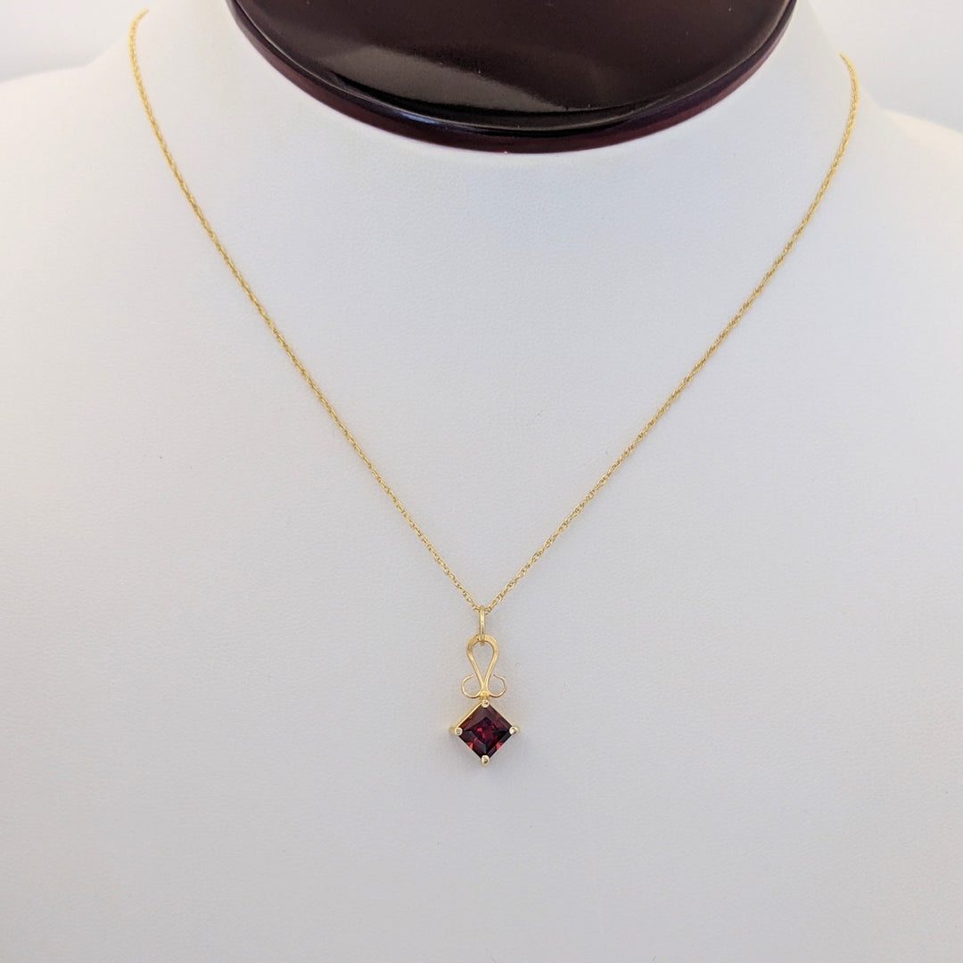 14K GARNET PRINCESS CUT 6MM ESTATE PENDANT &amp; CHAIN 1.7 GRAMS