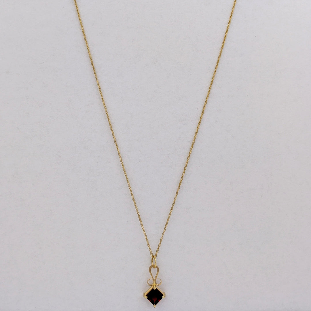 14K GARNET PRINCESS CUT 6MM ESTATE PENDANT &amp; CHAIN 1.7 GRAMS