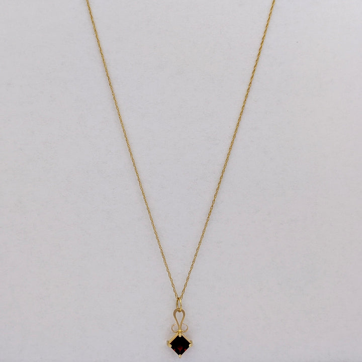 14K GARNET PRINCESS CUT 6MM ESTATE PENDANT &amp; CHAIN 1.7 GRAMS