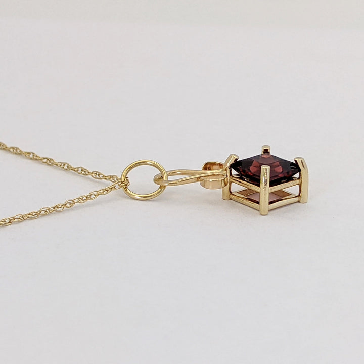 14K GARNET PRINCESS CUT 6MM ESTATE PENDANT &amp; CHAIN 1.7 GRAMS
