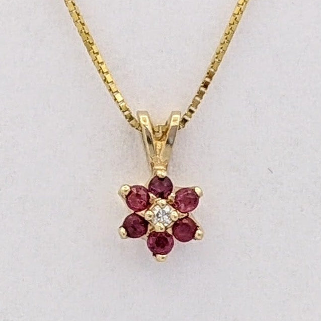 14K RUBY ROUND (6) 2MM WITH MELEE ESTATE PENDANT &amp; CHAIN 2.2 GRAMS