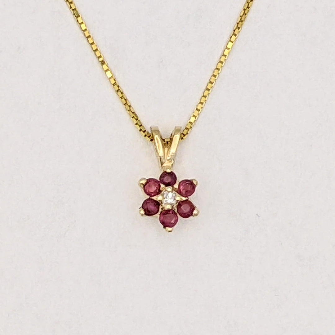 14K RUBY ROUND (6) 2MM WITH MELEE ESTATE PENDANT &amp; CHAIN 2.2 GRAMS