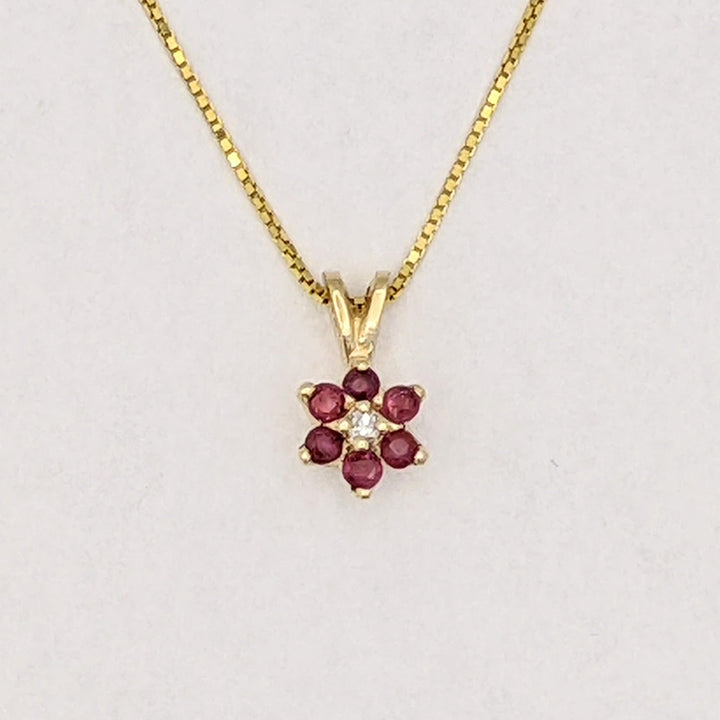 14K RUBY ROUND (6) 2MM WITH MELEE ESTATE PENDANT &amp; CHAIN 2.2 GRAMS
