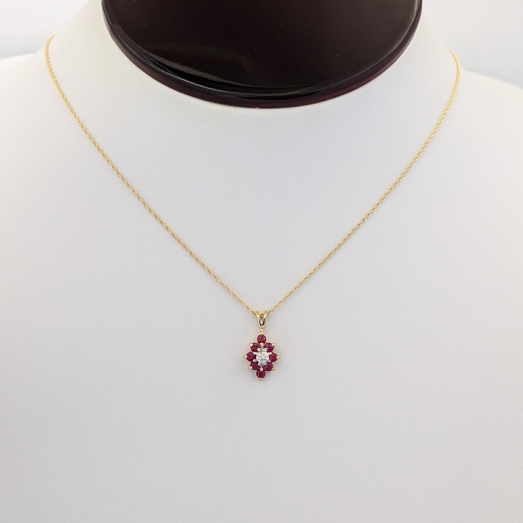 14K RUBY ROUND (8) 2.3MM WITH MELEE ESTATE CLUSTER PENDANT &amp; CHAIN 1.8 GRAMS