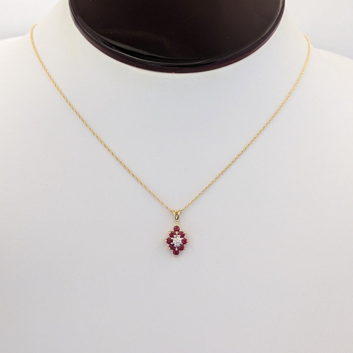 14K RUBY ROUND (8) 2.3MM WITH MELEE ESTATE CLUSTER PENDANT &amp; CHAIN 1.8 GRAMS