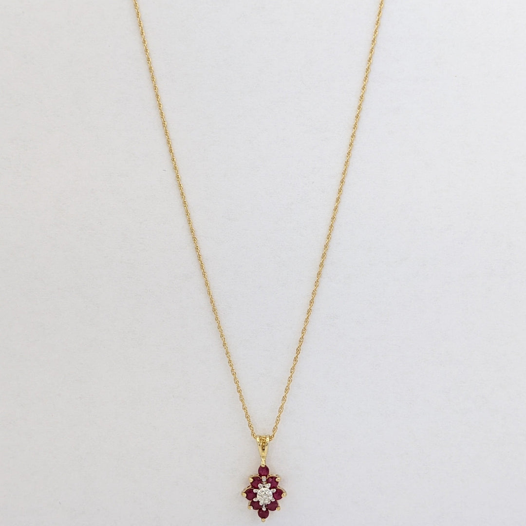 14K RUBY ROUND (8) 2.3MM WITH MELEE ESTATE CLUSTER PENDANT &amp; CHAIN 1.8 GRAMS