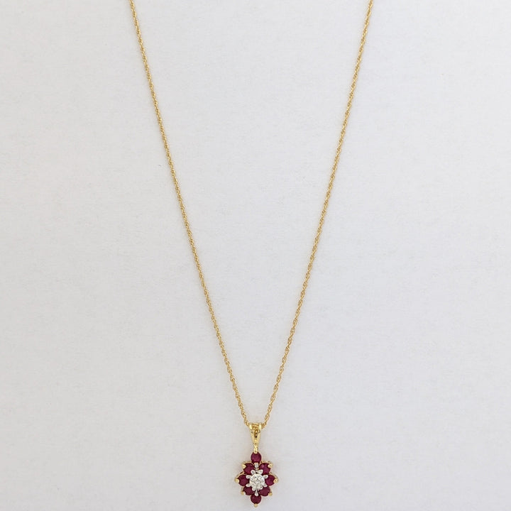 14K RUBY ROUND (8) 2.3MM WITH MELEE ESTATE CLUSTER PENDANT &amp; CHAIN 1.8 GRAMS