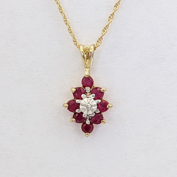 14K RUBY ROUND (8) 2.3MM WITH MELEE ESTATE CLUSTER PENDANT &amp; CHAIN 1.8 GRAMS