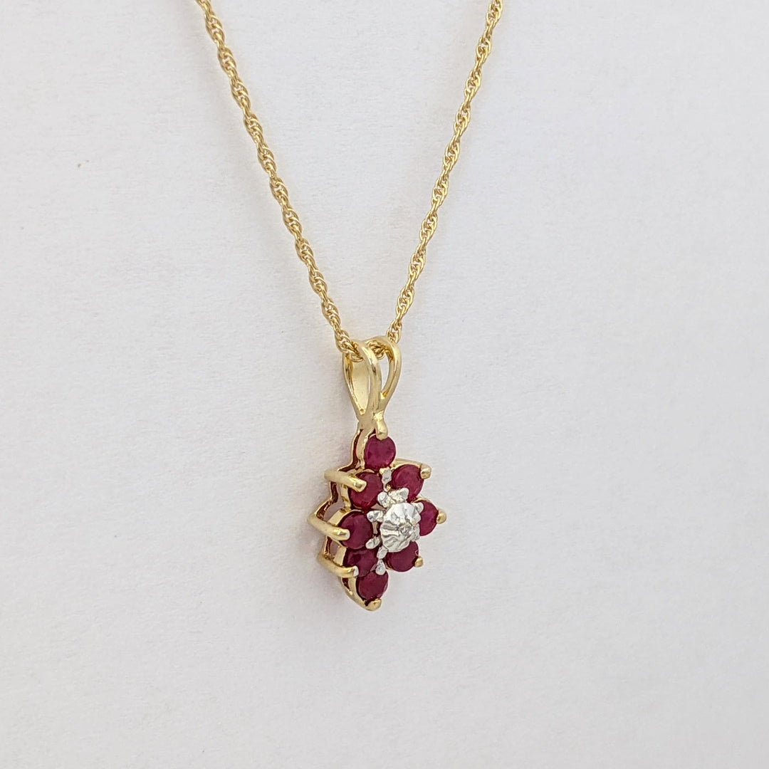 14K RUBY ROUND (8) 2.3MM WITH MELEE ESTATE CLUSTER PENDANT &amp; CHAIN 1.8 GRAMS