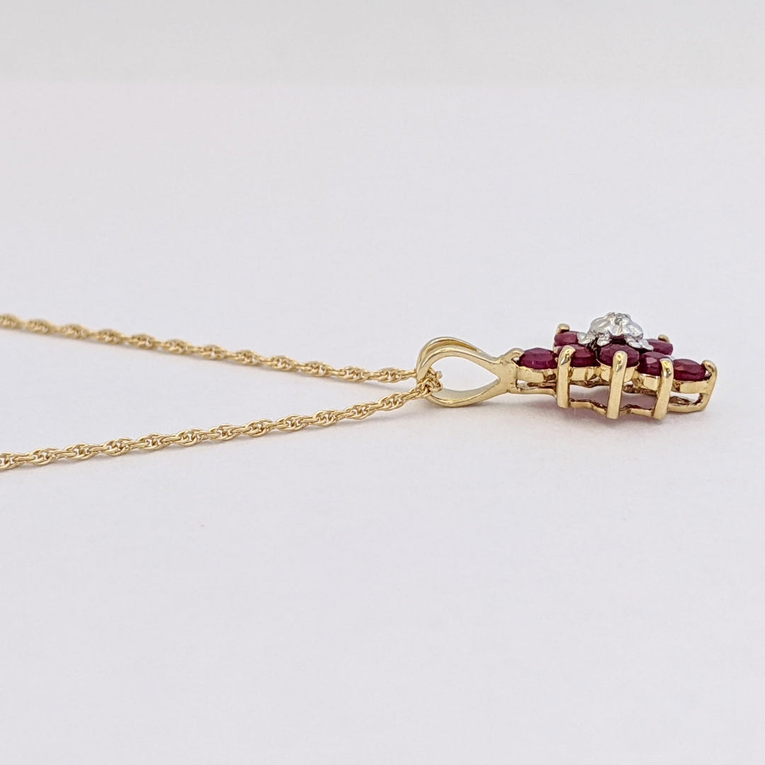 14K RUBY ROUND (8) 2.3MM WITH MELEE ESTATE CLUSTER PENDANT &amp; CHAIN 1.8 GRAMS