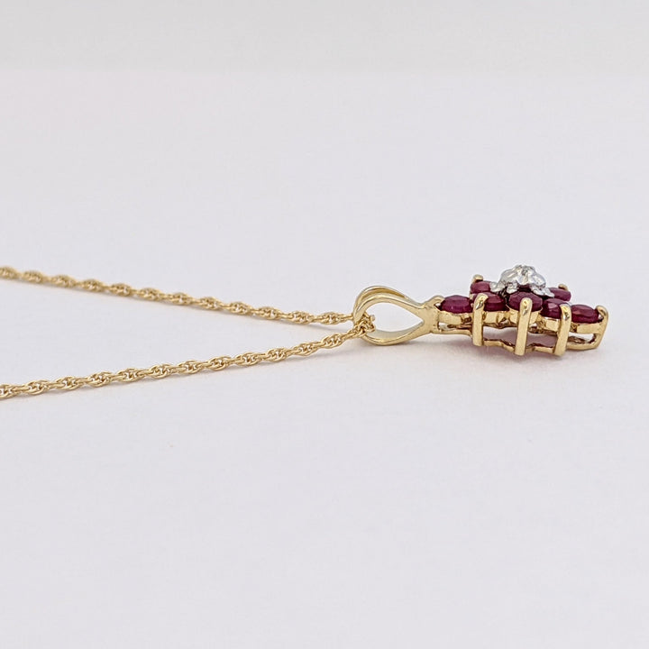 14K RUBY ROUND (8) 2.3MM WITH MELEE ESTATE CLUSTER PENDANT &amp; CHAIN 1.8 GRAMS