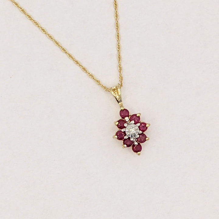 14K RUBY ROUND (8) 2.3MM WITH MELEE ESTATE CLUSTER PENDANT &amp; CHAIN 1.8 GRAMS