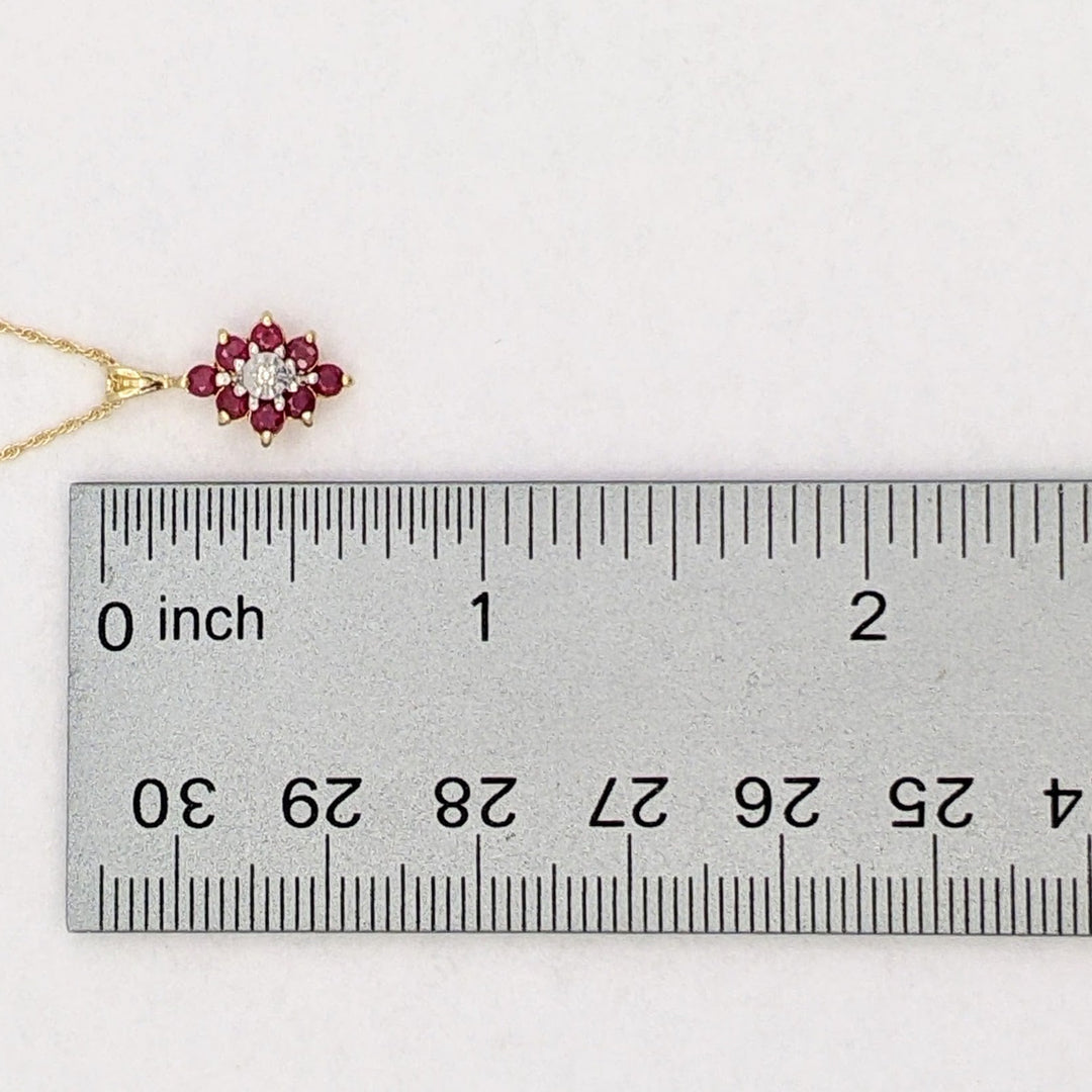 14K RUBY ROUND (8) 2.3MM WITH MELEE ESTATE CLUSTER PENDANT &amp; CHAIN 1.8 GRAMS