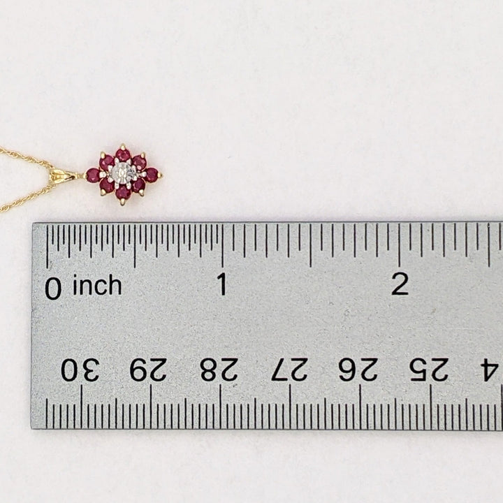 14K RUBY ROUND (8) 2.3MM WITH MELEE ESTATE CLUSTER PENDANT &amp; CHAIN 1.8 GRAMS