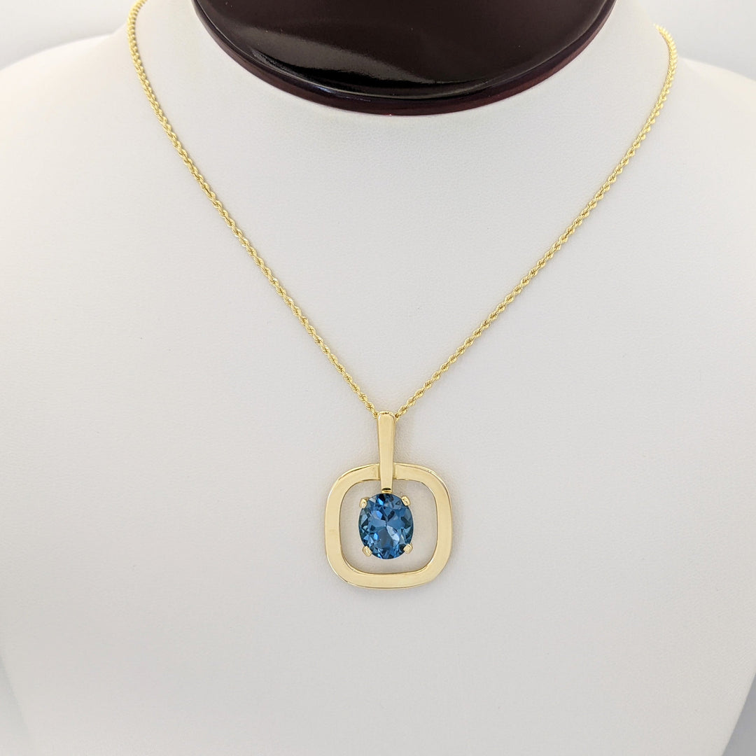 18K BLUE TOPAZ OVAL 10X12 OPEN SQUARE ESTATE PENDANT &amp; 14K CHAIN 10.5 GRAMS