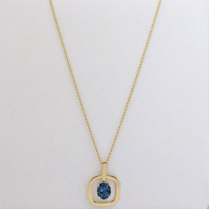 18K BLUE TOPAZ OVAL 10X12 OPEN SQUARE ESTATE PENDANT &amp; 14K CHAIN 10.5 GRAMS