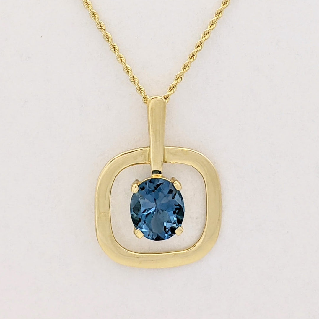 18K BLUE TOPAZ OVAL 10X12 OPEN SQUARE ESTATE PENDANT &amp; 14K CHAIN 10.5 GRAMS