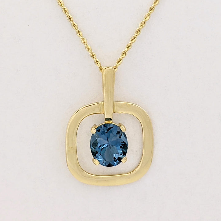 18K BLUE TOPAZ OVAL 10X12 OPEN SQUARE ESTATE PENDANT &amp; 14K CHAIN 10.5 GRAMS