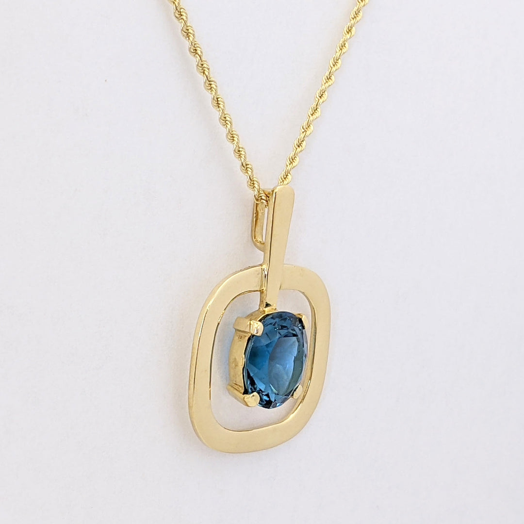18K BLUE TOPAZ OVAL 10X12 OPEN SQUARE ESTATE PENDANT &amp; 14K CHAIN 10.5 GRAMS