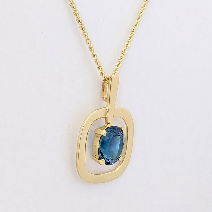 18K BLUE TOPAZ OVAL 10X12 OPEN SQUARE ESTATE PENDANT &amp; 14K CHAIN 10.5 GRAMS