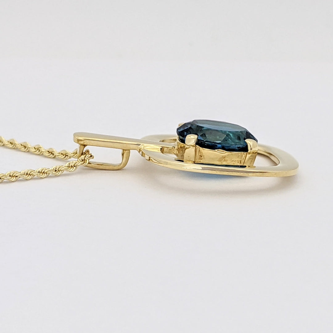18K BLUE TOPAZ OVAL 10X12 OPEN SQUARE ESTATE PENDANT &amp; 14K CHAIN 10.5 GRAMS