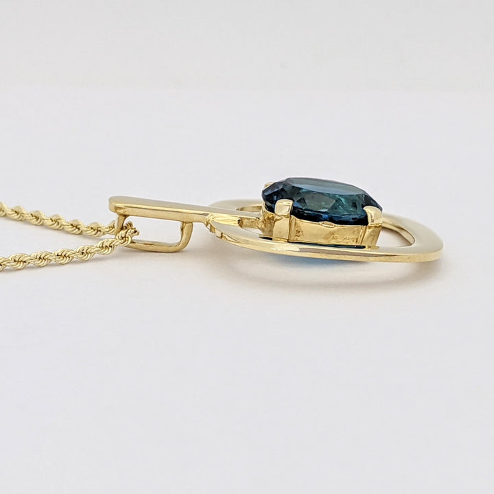 18K BLUE TOPAZ OVAL 10X12 OPEN SQUARE ESTATE PENDANT &amp; 14K CHAIN 10.5 GRAMS