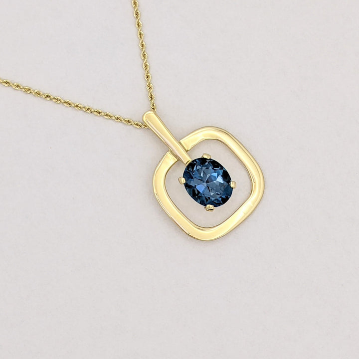 18K BLUE TOPAZ OVAL 10X12 OPEN SQUARE ESTATE PENDANT &amp; 14K CHAIN 10.5 GRAMS