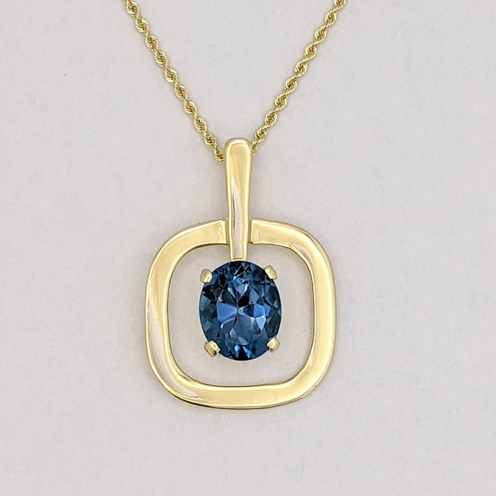 18K BLUE TOPAZ OVAL 10X12 OPEN SQUARE ESTATE PENDANT &amp; 14K CHAIN 10.5 GRAMS