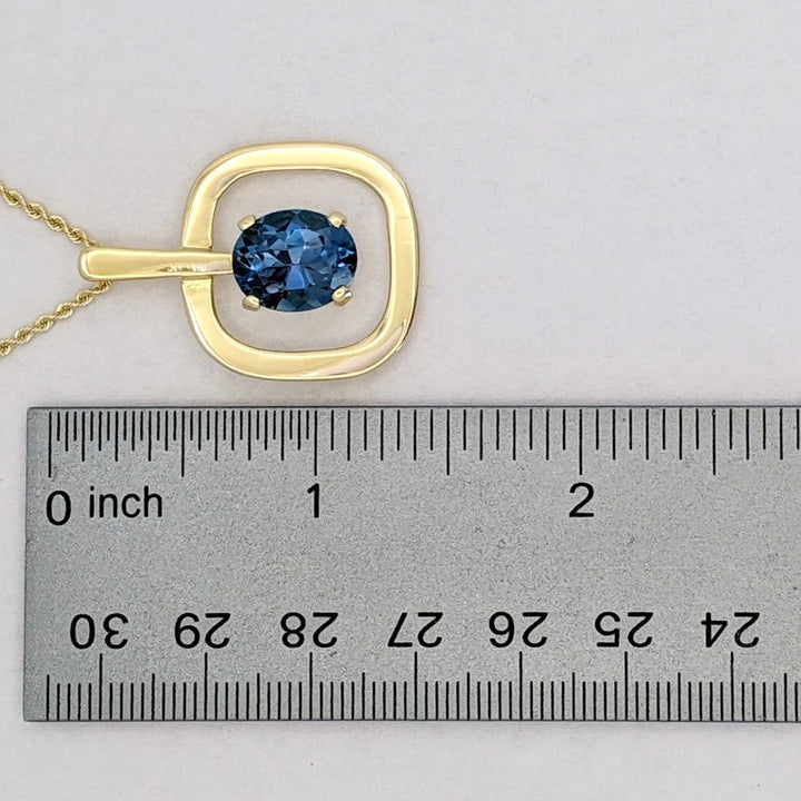 18K BLUE TOPAZ OVAL 10X12 OPEN SQUARE ESTATE PENDANT &amp; 14K CHAIN 10.5 GRAMS