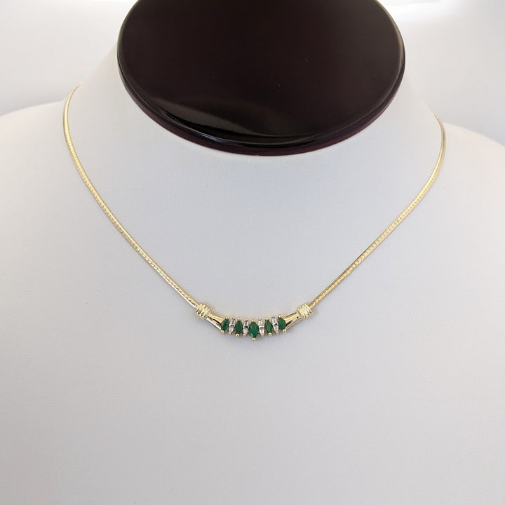 10K EMERALD MARQUISE (5) WITH (8) DIAMOND BAGUETTE ESTATE NECKLACE 5.2 GRAMS