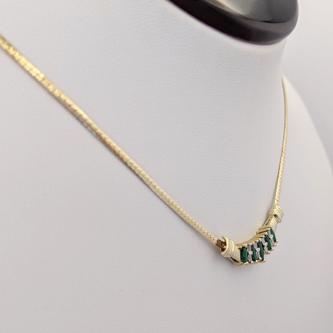 10K EMERALD MARQUISE (5) WITH (8) DIAMOND BAGUETTE ESTATE NECKLACE 5.2 GRAMS