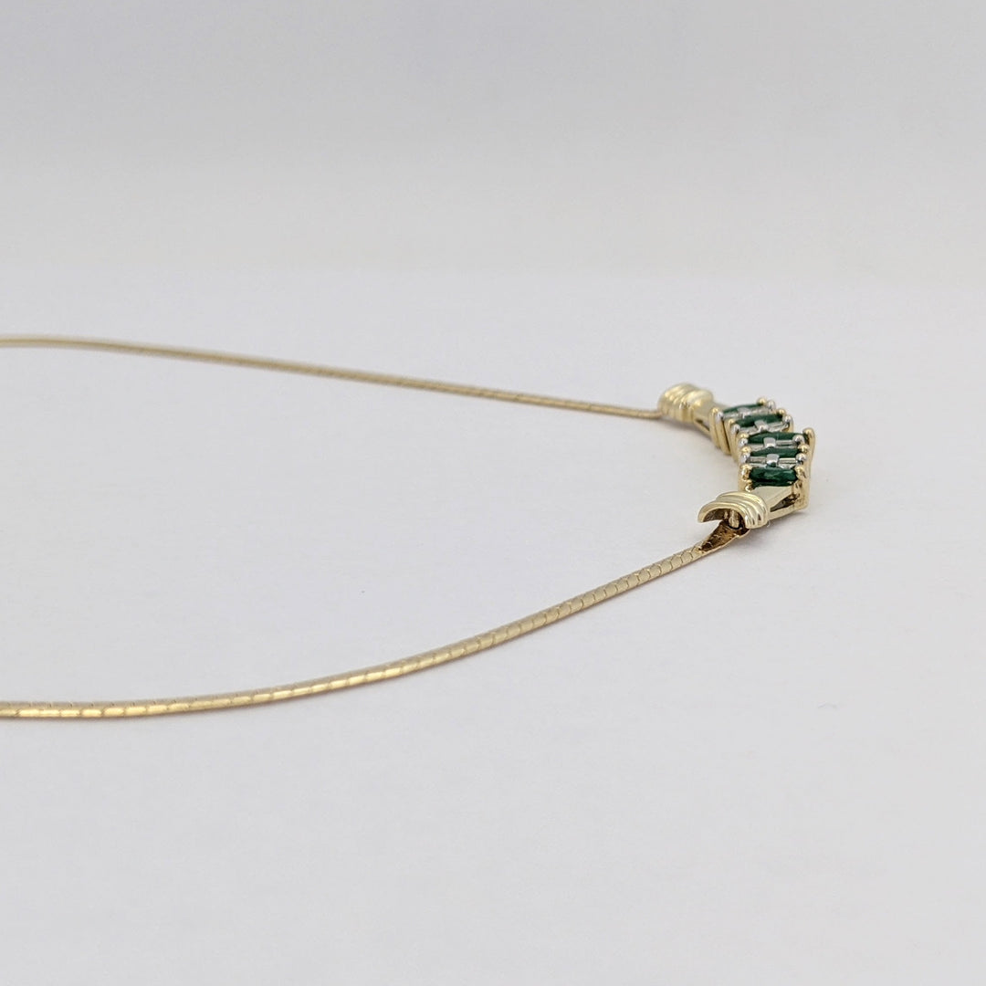 10K EMERALD MARQUISE (5) WITH (8) DIAMOND BAGUETTE ESTATE NECKLACE 5.2 GRAMS