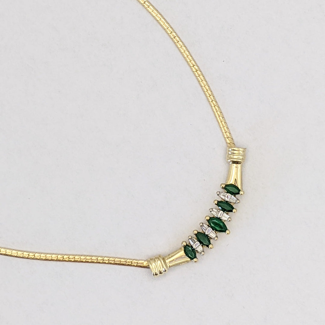 10K EMERALD MARQUISE (5) WITH (8) DIAMOND BAGUETTE ESTATE NECKLACE 5.2 GRAMS