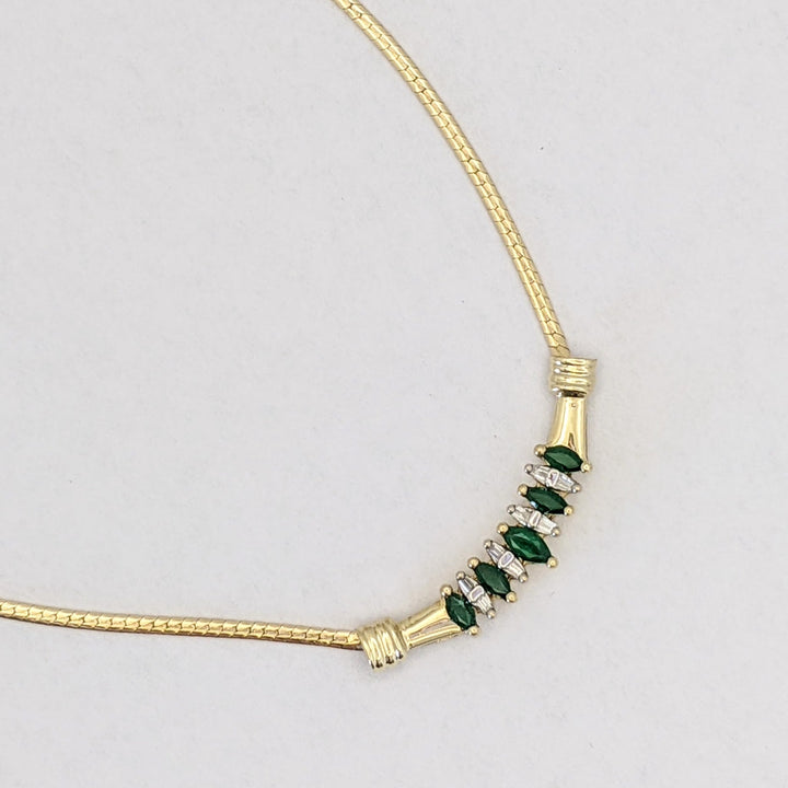 10K EMERALD MARQUISE (5) WITH (8) DIAMOND BAGUETTE ESTATE NECKLACE 5.2 GRAMS