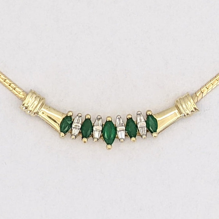 10K EMERALD MARQUISE (5) WITH (8) DIAMOND BAGUETTE ESTATE NECKLACE 5.2 GRAMS