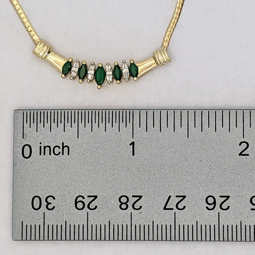 10K EMERALD MARQUISE (5) WITH (8) DIAMOND BAGUETTE ESTATE NECKLACE 5.2 GRAMS