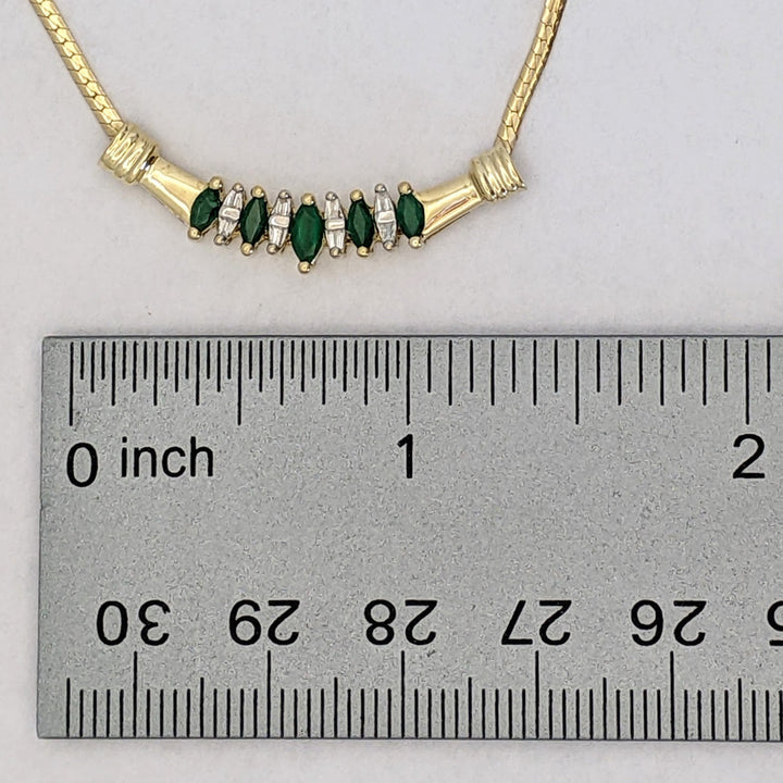 10K EMERALD MARQUISE (5) WITH (8) DIAMOND BAGUETTE ESTATE NECKLACE 5.2 GRAMS
