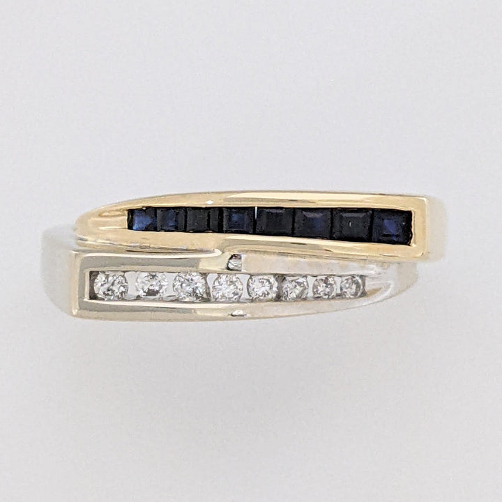 14K TWO-TONE .16 CARAT TOTAL WEIGHT I1 I DIAMOND ROUND (8) SAPPHIRE PRINCESS CUT (8) ESTATE CHANNEL BYPASS RING 4.0 GRAMS